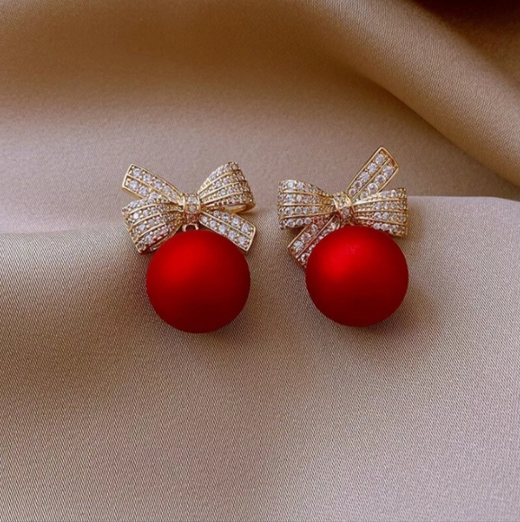 Red and Gold Holiday Christmas Bow Rhinestone Dangle Drop Earrings - Picture 3 of 11